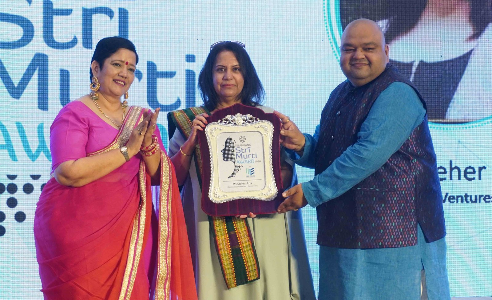 Ms. Rakhi Kankaria, Chairman, TCEI_ Neeraj Thakur, General Secretary, TCIE seen presenting Award to Meher Aria, founder, Star Ventures at TCEI Stri Shakthi Awards 2020