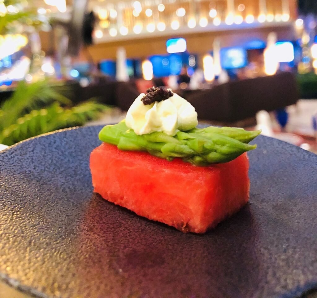 Hotel Sahara Star - Recipe - Asparagus on compressed watermelon with goat cheese mousse
