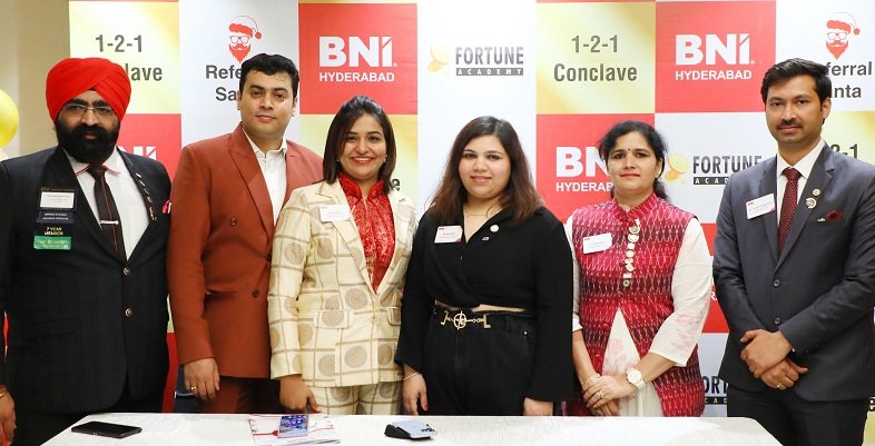 (L-R) Kawaljit Sabharwal, Launch Ambassador, BNI, Hyderabad; Pradeep Yalagadda, Co-founder, Fortune Academy; Dr Mani Pavitra, Regional Events Coordinator, BNI, Hyderabad; Sanjana Shah, Executive Director, BNI, Hyderabad; Archana Rathi, Launch Director, BNI, Hyderabad & Gurunathan, Support Ambassador, BNI, Hyderabad; at a press conference to announce the details of the largest 121 Business Conclave in recent times, hosted by BNI Hyderabad and sponsored by Fortune Academy; at Hotel Marigold, today.