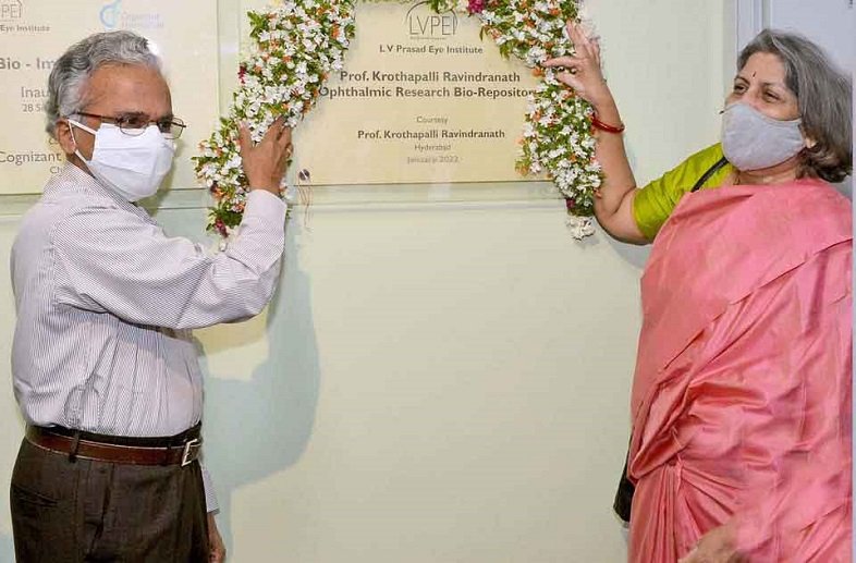 (L-R) Prof Krothapalli Ravindranath, Retired Dean, S V Veterinary University, Tirupati & Prof Geeta K Vemuganti, Dean, School of Medical Sciences, University of Hyderabad; inaugurating the state-of-the-art Ophthalmic Research Biorepository, the first of its kind facility in the country set up with the support from Prof Krothapalli Ravindranath; at L V Prasad Eye Institute, Hyderabad, today.
