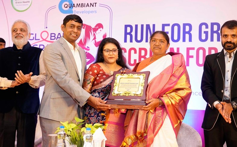 Dr. Chinnababu Sunkavalli_ the president of the Grace Cancer Foundation seen welcoming Minister Seethakka. Also seen are Dr Pavan Gorukanti and Ajay Mishra