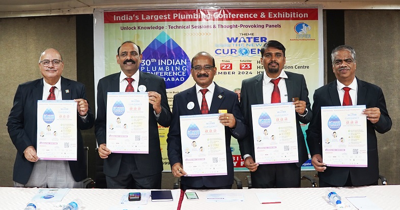 Manoj Mathur_ K Bhaskar_Sanjay Bhilare_Thanu Kumar and Sravan Kumar of IPA seen unveiling the poster of the 30th Indian Plumbing Conference